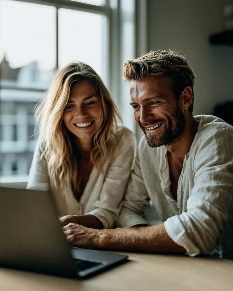 Een Nederlands paar bekijkt samen hypotheekopties op een laptop