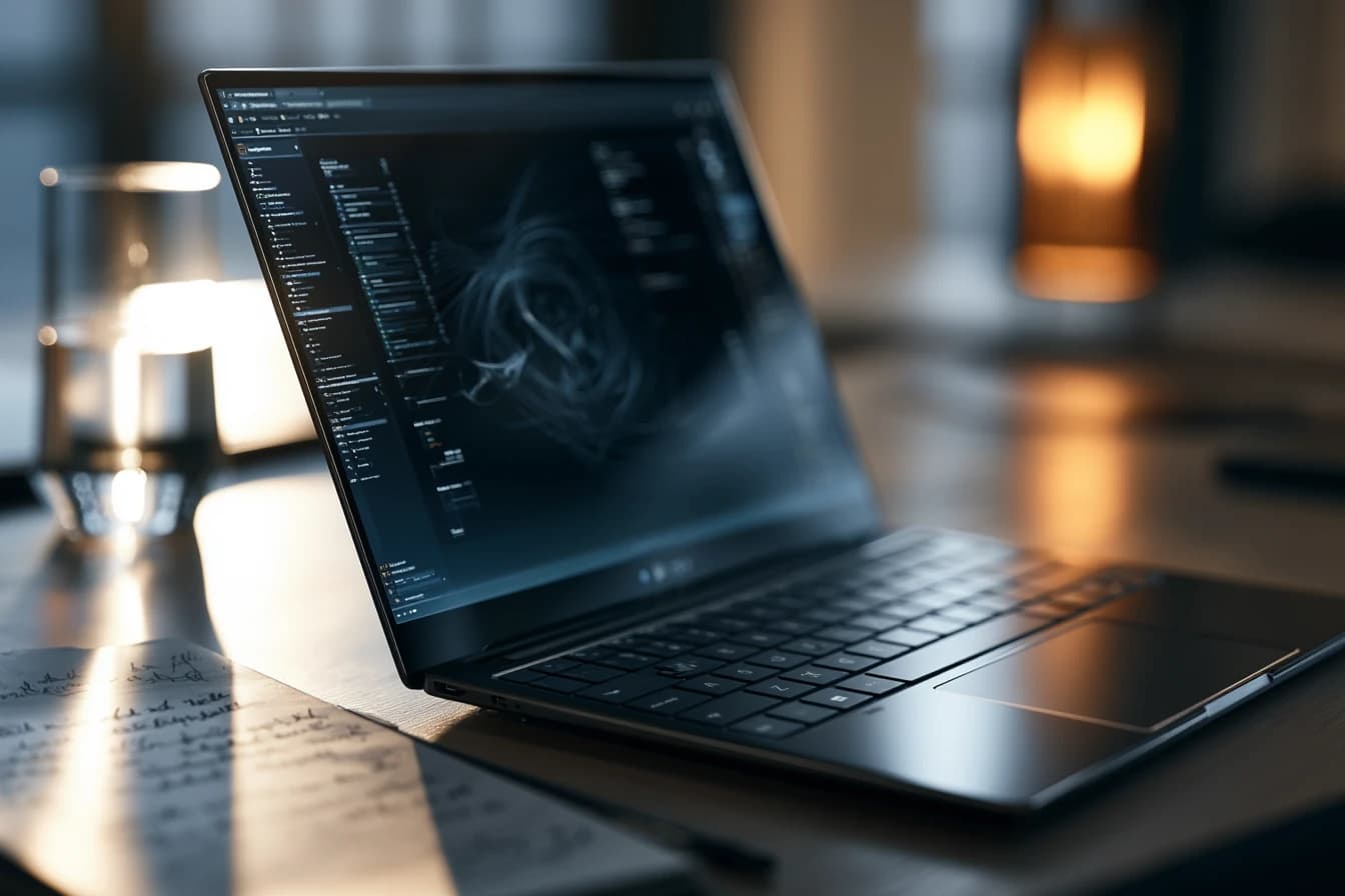 Werkplek van de redactie van Hypotheekrente Historie — laptop met grafieken en handgeschreven notities